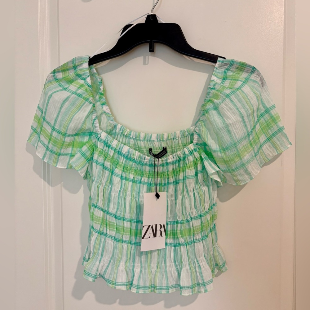 Zara White and Green Plaid Blouse